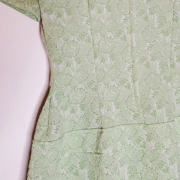 Mossy Mod Light Green Brocade Short-Sleeve Mini Dress with Pleats & Pocket - Picture 9 of 14